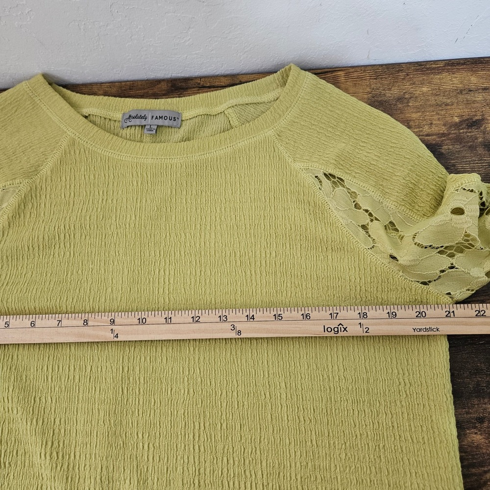 Absolutely Famous Yellow Textured Knit Lace Sleeve Top Women's Size L - Picture 5 of 6